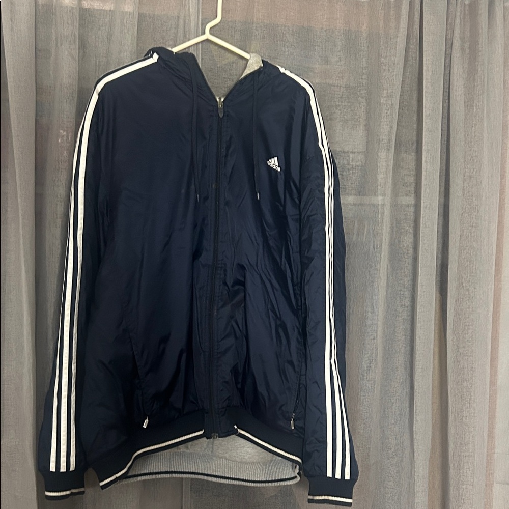 Adidas Men's Dark Blue Windbreaker with White Stripes